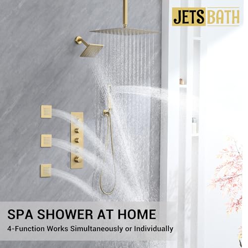 JetsBath Thermostatic Dual Shower System with 4-Inch Body Jets, Ceiling 16" Rainfall Shower & Wall Mount 6-Inch Shower Head, Brushed Gold Luxury Shower Faucet Set with Handheld Sprayer by JetsBath - Used condition - Image 2