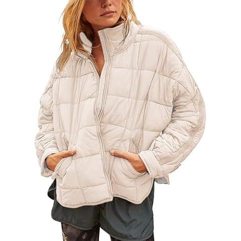Bianstore Women's Oversized Splice Quilted Lightweight Puffer Jacket Casual Padded Coat(Khaki-L) Cover