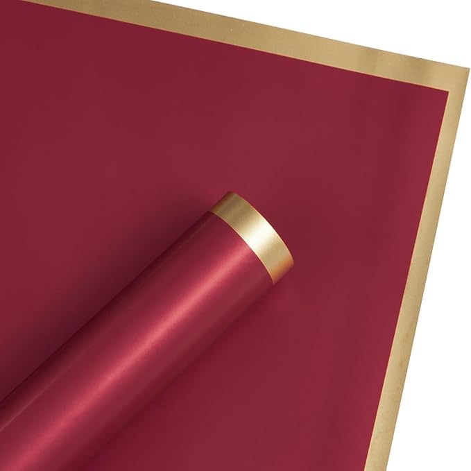 Image of Zarwani - 10 Sheets Korean Style Waterproof Maroon Bouquet Wrapping Paper (58cm x 58cm, 60 Microns) | Golden Border Design, Giftwrap for Flowers & DIY Gift Wrapping Paper (10, Gold Border Maroon)
