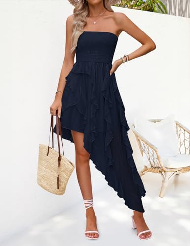ZESICA Women's 2025 Summer Strapless Mini Dress Off Shoulder Smocked Tiered Irregular Irregular Ruffle Beach Tube Sundress2