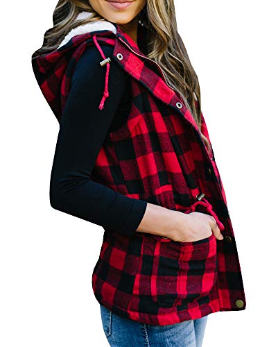 Imily Bela Womens Buffalo Plaid Cardigans Sleeveless Patch Draped Open Front Cardigan Sweater Red