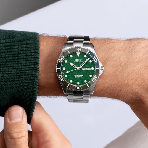 Image of MIDO Ocean Star 200C - Swiss Automatic Diving Watch for Men - 42.5mm Stainless Steel Case - Rotating Ceramic Bezel - Wave-Design Dial with Day,Date Calendar