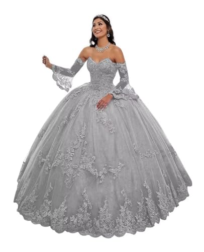 WAREKEAN Laces Applique Tulle Quinceanera Dresses Long Ball Gown ...