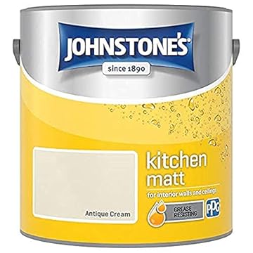 Johnstone's - Kitchen Paint - Antique Cream - Matt Finish - Grease & Stain Resistant - Suitable for Kitchen Walls & Ceilings - Highly Durable - Low Odour - 12m2 Coverage per Litre - 2.5L