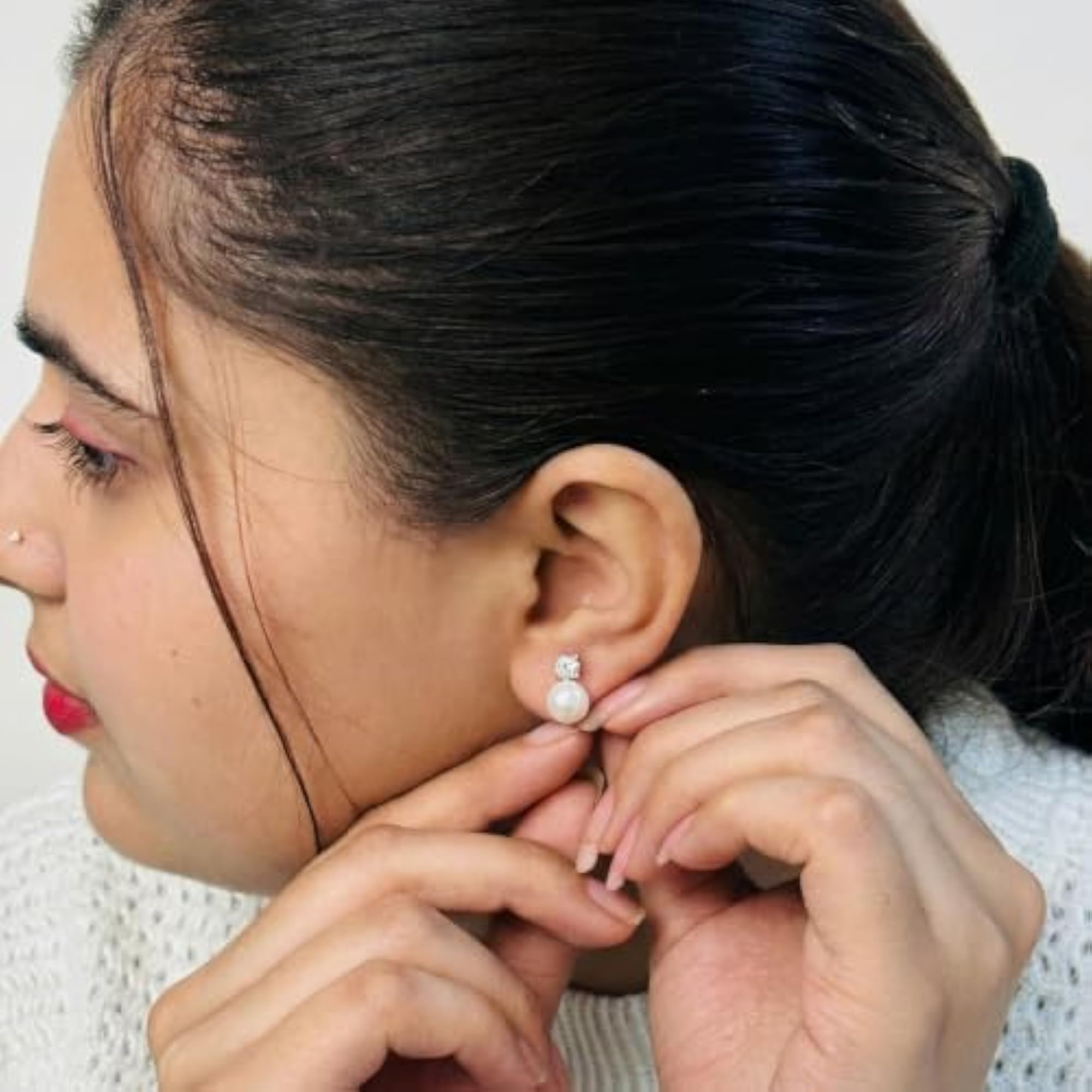 925 Sterling Silver Pearl Charm Swiss Zirconia Stud Earrings, Gift for Women