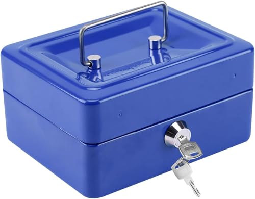 Image of Best House | Metal Cash Money Box with Lock and Key | Cash Box with Slot | 6 Inch | BLUE | Pack of 1 | 6 Compartments, Lockable Portable with Removable Change Tray for Home, Office, and Events