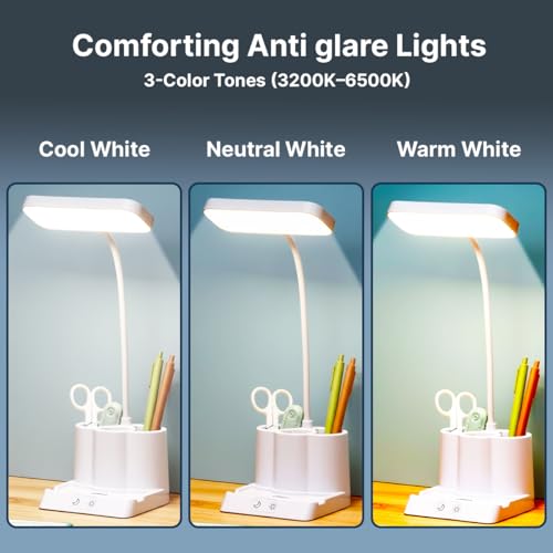 Image of pTron 5W EaseMate Study Lamp L1, 6 Hrs Runtime max., Seamless Dimming, 3 Colour Modes, Adjustable Brightness Levels, Table Lamp for Study, Pen Stand, Night Lamp, Flexible Neck, Type C Charging (White)