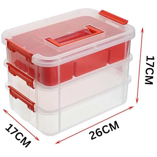 Image of plastic boxes for Storage transparent boxes for storage, Portable & Stackable Space Saving Organiser with Lid for Medicine, Jewelry, Arts & Crafts, Buttons, Beads (Red, 3 TIER WITH 1 TRAY)