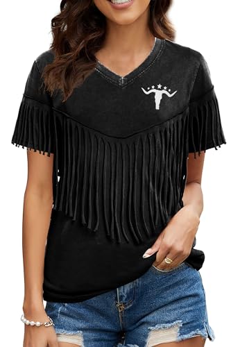 Western Vintage Shirt Cowgirl Outfit: Women Fringe Graphic Tees Rodeo Short Sleeve Tshirt Summer Vacation V Neck Tops4
