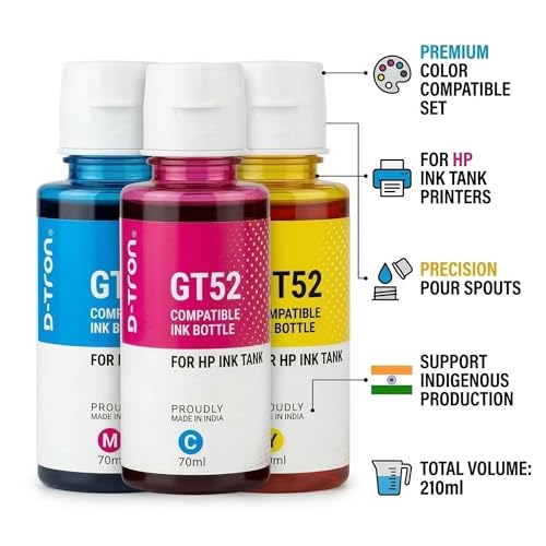 Image of D-tron GT51 /GT52 Compatible Refill Ink for HP 5810 5811 5820 5821 115 116 117 310 315 319 410 415 416 419 457 Printers (Black-2 Colour-3) Pack of 5 - Cyan, Magenta, Yellow, Black