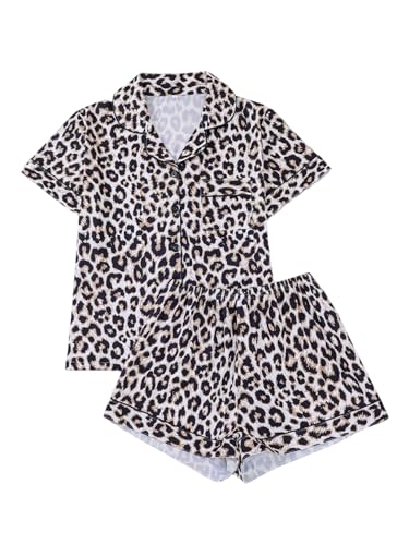 Image of BEAUDRM Women's Two Piece Pajama Sets Allover Print Short Sleeve Sleepwear Button Down Shirt and Bow Shorts Pj Set Loungewear