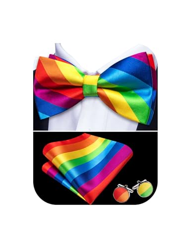 Image of YOHOWA Paisley Striped Men Bow Tie Pre-Tied Formal Adjustable Colorful Bowties Handkerchief Cufflinks Set Wedding Party