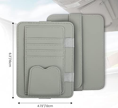 Rhino Valley Car Sun Visor Organizer, Universal Car Eyeglasses Holder Clip with Storage Pockets, Leather Auto Visor Case Interior Accessories for Storing Sunglasses Card Pen Invoice, Dark Gray
