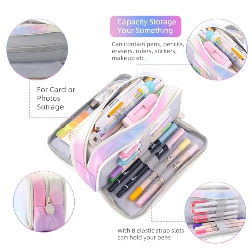 Image of Large Pencil Case 3 Compartments Pencil Pouch Big Capacity Pencil Bag Oxford Stationery Storage Pen Bag Cosmetic Makeup Pouch for Women (Rainbow Pink)