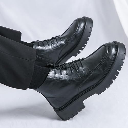 Men's Textured Leather Platform Chunky Low Heel Combat Boots with Side Zipper Vintage Round Toe Lug Sole Non-Slip Lace-Up Motorcycle Boots Work Office Business Casual Oxfords 6