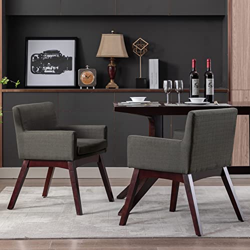 Abet Dining Chairs Set Of 2, Accent Chair Dining Room Kitchen Chair, Mid-Century Armchair With Solid Wood Frame, Padded Seat Backrest And Handrail, Dark Grey Fabric Walnut Wood Finishing Legs #TOP3