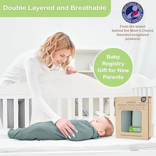 Image of Organic Muslin Baby Blanket 2 Pack Green & Mint Green, 47x47 Inch, 100% Organic Cotton Oeko-TEX Certified Ultra-Soft Swaddle Blanket for Newborn, Nature-Inspired Nursery Gift