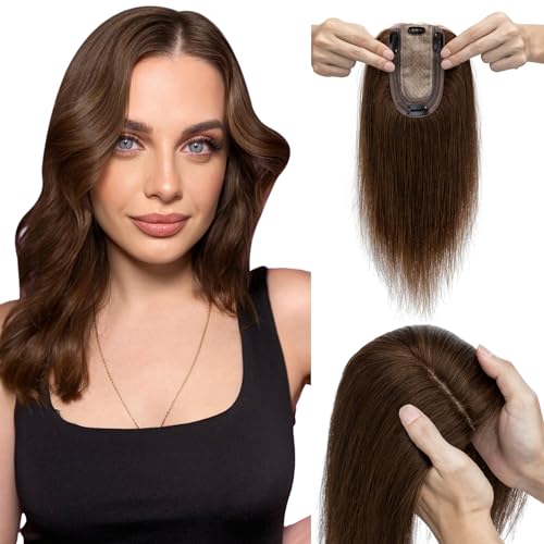 Elailite Hair Toppers for Women Real Human Hair Topper Thinning Thin 5.1"x2.8" Silk Base Clip in Straight Remy Hairpieces 14 Inch Chocolate Brown