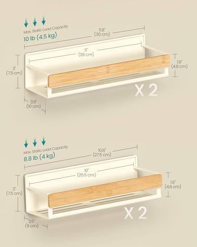 Image of SONGMICS 4-Pack Strong Magnetic Real Bamboo Spice Racks for Fridge | Kitchen Magnetic Shelves for Washing Machine, Spice Organizers, No Drilling Needed, Cream White UKCS062WD01