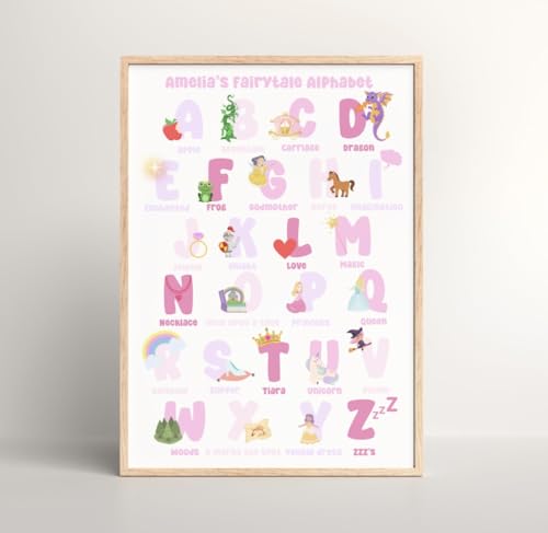 Póster de princesa interactivo con el alfabeto de la A a la Z personalizado para pared infantil A3