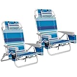 sunspire 2 Pack 5-Position Aluminum Backpack Beach Chair Classic Lay Flat Folding Chairs, with Cooler Bag, Cup Holder for Beach Sport Lawn Picnic, Foldable Camping Chairs Blue Stripes