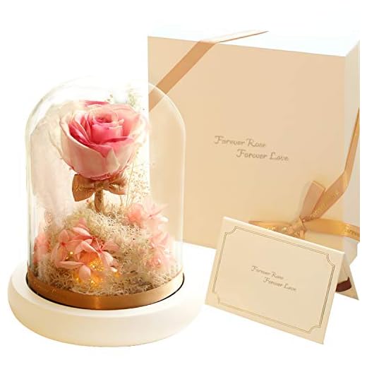 Preserved roses - new forever eternity preserve real rose with led in glass - with gift box, gift bag, gift card - beauty and the beast flower for anniversary valentines day mother's day birthday gift