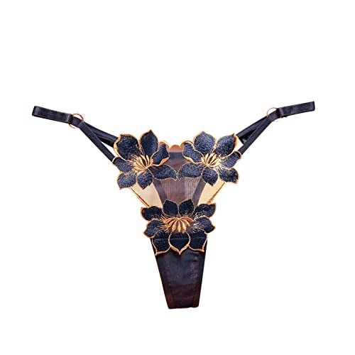 Wodceeke Women's Floral Embroidered Mesh Sheer Lingerie Thongs Panty For Sex Naughty Play See Through Slutty G-String Panties Navy #TOP24