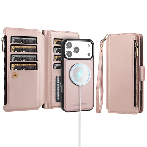Antsturdy Compatible with Magsafe Magnetic 2 in 1 Detachable iPhone 17 Pro Wallet Case with Credit Card Holder Slots,PU Leather RFID Blocking Phone Cover Wrist Strap Zipper Women Men,Rose Gold by Antsturdy - Used condition - US$23.50
