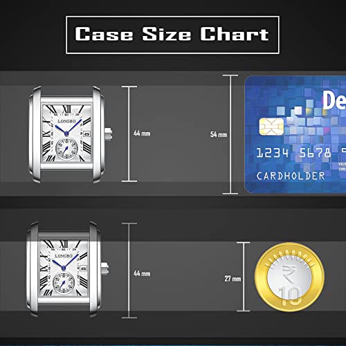 Image of LONGBO Mens Watch Rectangular Shape Alloy Case Business Casual Genuine Leather Strap Watch with Seconds Subdial | Calendar Date | Scratch Resistant Waterproof Watch for Men