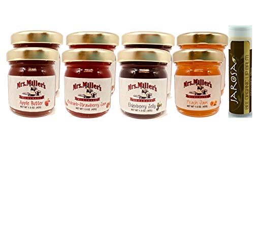 Mrs. Miller's Amish Mini COUNTRY Sampler Variety 1.5 oz. - Pack of 8 (2 of ea): Apple Butter, Strawberry Rhubarb Jam, Elderberry Jelly & Peach Jam with a Jarosa Chocolate Lip Balm by Jarosa Gifts