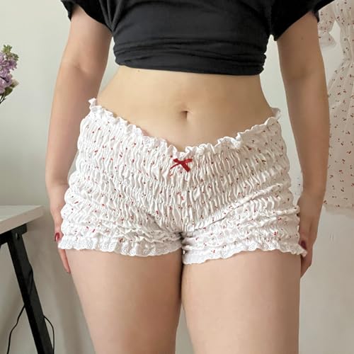 Image of Yuemengxuan Women Y2k Ruffle Shorts Ruched Plaid Shorts Micro Shorts Pajama Bottoms Y2k Cute Fairy Lace Edge Pettipants