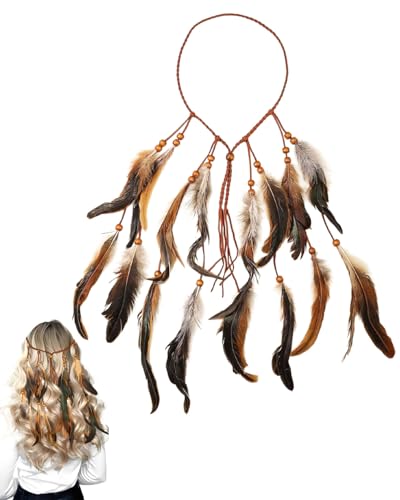 MOPZIJA 1pcs Cerchietto Indiano con Piume e Nappa,Boemia Etnico Fascia Capelli,Dimensioni Regolabili,Fascia Piuma di Stile Hippie,Copricapo Indiano Donna Accessori per Feste e Festival Carnevale