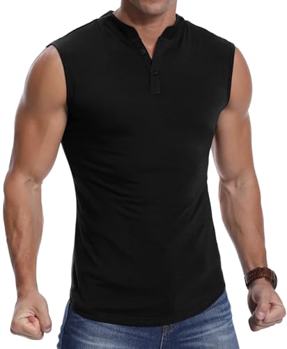 PCEAIIH Men's Sleeveless Henley Vest Athletic Tank Fitness Slim Running Sports Top Fashion Muscle T-Shirt Black