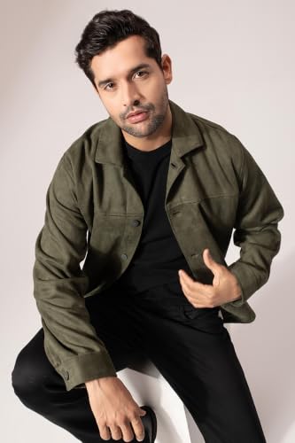 Image of PERCH Men Green Suede Solid Cut & Sew Jacket|Men's Stylish Jacket, Comfortable Regular Fit, Full Sleeves,Lightweight Design, Suitable for Casual Wear, Travel &Everyday Outfits