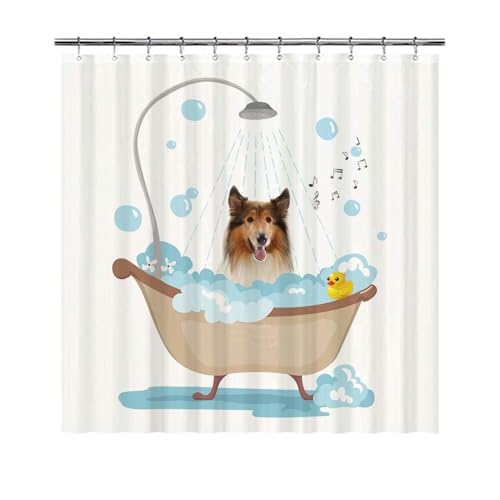 GABSHAIM Lovely Shower Curtain Funny Rough Collie Dog in A Bathtub Shower Curtains Cute Bath Curtain with Hooks Waterproof Bathroom Bathtub Decor for Pet Lover 72x72 Inch