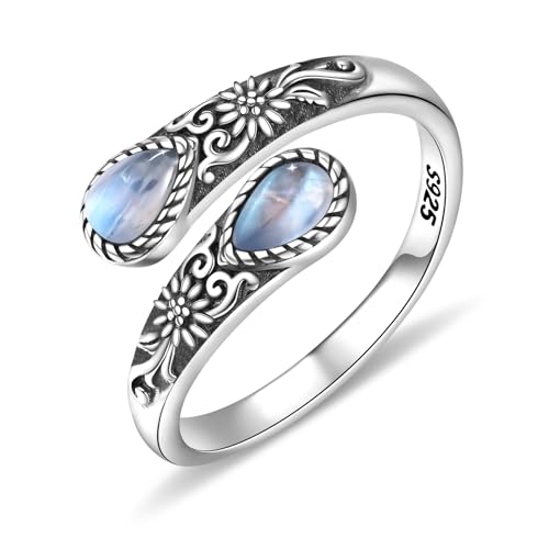 925 Sterling Silver Natural Moonstone Rings for Women Adjustable Sunflower Thumb Ring Vintage Spoon Rings Labradorite Rings Gift For Mom Wife Sister Her