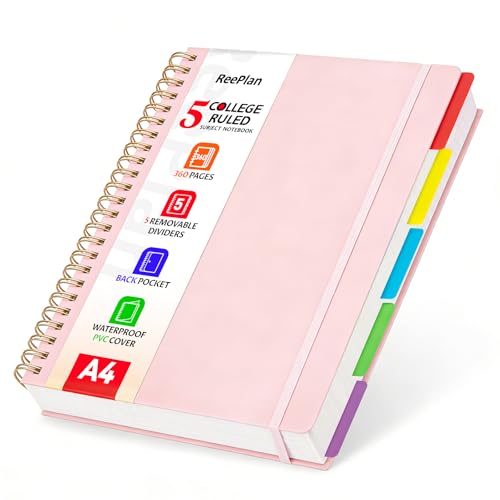 ReePlan 360 Pages A4 Spiral Notebook 5 Subject Notebooks College Ruled 100 GSM Thick Paper Lined Journal Large Note Book with Removable Dividers for School Office Work and Writing (Pink)