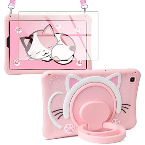 YEBOLU for Samsung Galaxy Tab A7 Lite 8.7 Inch Case 2021 (SM-T220/T225) with Screen Protector 360° Rotating Handle Stand Adjustable Strap Cute Cat Silicone Protective Tablet Cover for Kids Girls Cover