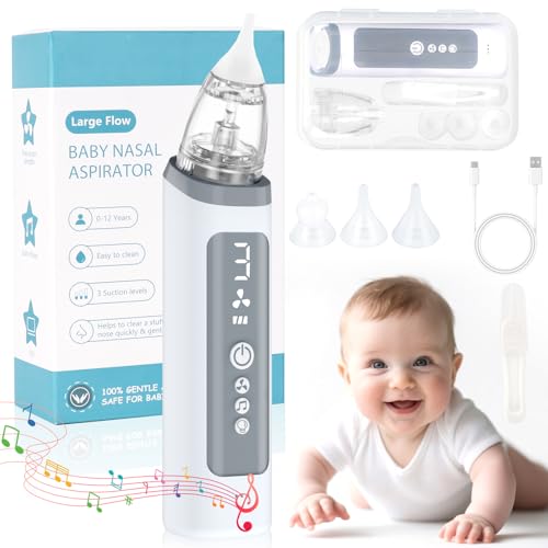 Baby Nasal Aspirator Electric Baby Nose Sucker with 3 Silicone Tips 1 Tweezers Music and Light Soothing Function 3 Adjustable Suction Level Nose Sucker for Newborn