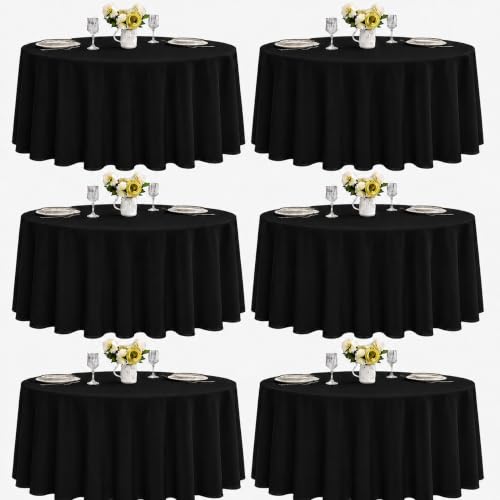 Image of 6-Pack Round 120-inch Black Table Cloths, Solid Stain and Wrinkle Resistant Circular Tablecloth, Premium Plain Weave Polyester Fabric Table Linen Covers for Hotel, Banquet