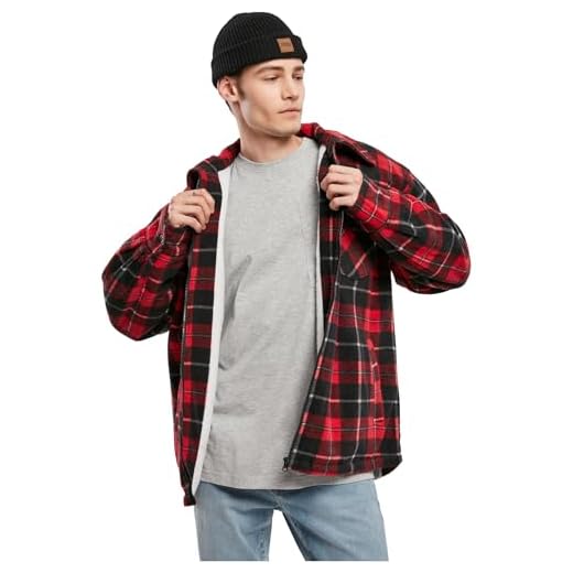 Urban Classics Herr rutig teddy fodrad tröja jacka jackor, Röd/svart, S
