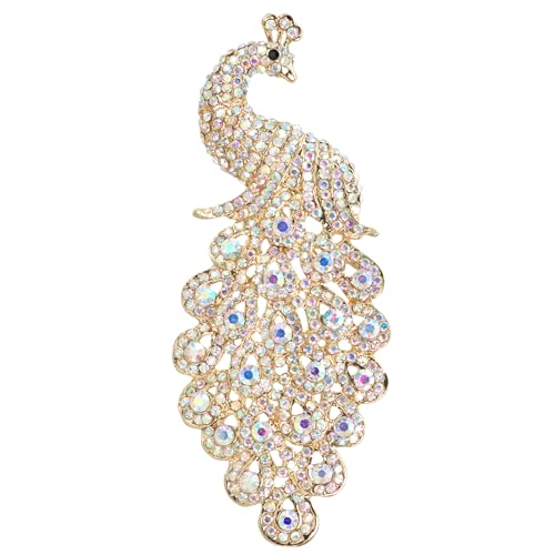 Gyn&Joy Gold-Tone 5 Inch Peacock Aurora Borealis Colored Crystal Rhinestone