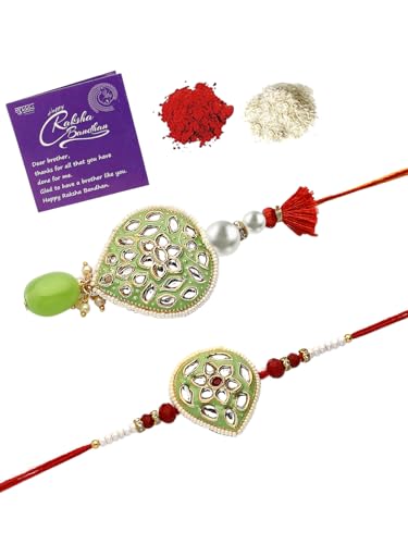 Image of Sukkhi Rakhi Creative Gold Plated with Meenakari Handwork Om Rakshabandhan Lumba Rakhi for Brother Bhaiya Bhabhi with Roli Chawal & Greeting Card|Set of 2