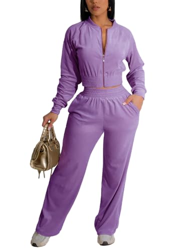 Nimsruc 2 Piece Outfits Velour Tracksuit For Women Zip Up Short Style Velvet Jogger Sweatsuit Matching Sets For Women