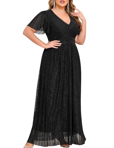 ZOMVA Plus Size Maxi Formal Dress Sparkly V-Neck A-line Ruffle Sleeves Evening Gown Cocktail Prom Lace
