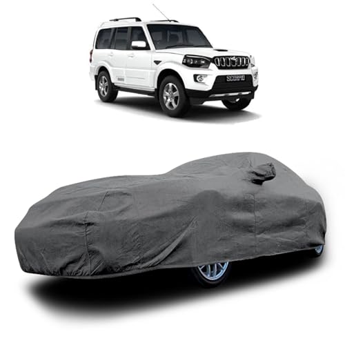 Image of Car Cover for Mahindra Scorpio (2002 to 2024 Models) with Mirror Pocket, Triple Stitched, All Weather Protection, Breathable Fabric, Full Size (Heavy Duty Grey)