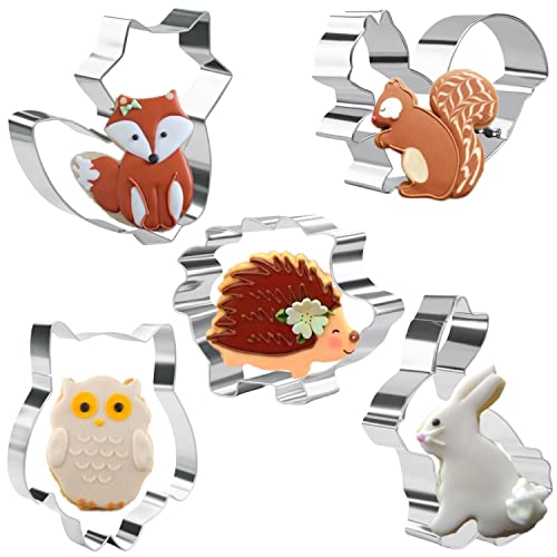 KAISHANE 5 Pieces Animals Cookie Cutters Shapes for Baking Fox,Owl,Rabbit,Squirrel and Hedgehog Shape Woodland Cookie Cutter Set for Baking