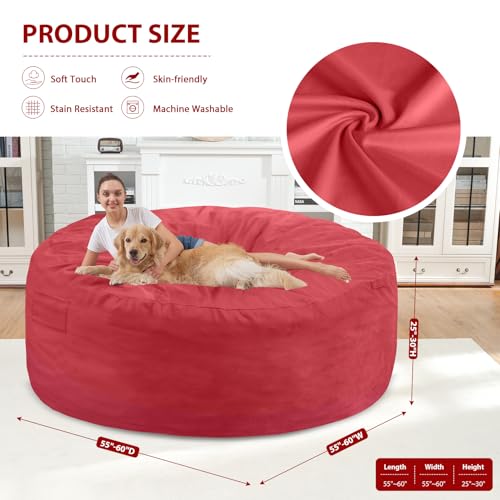 6FT Bean Bag Chair, Large Bean Bag Chairs with Memory Foam Filled, Fluffy Beanbag Sofa with Dutch Velvet Cover, Round BeanBag Chairs for Living Room, Playroom - Red