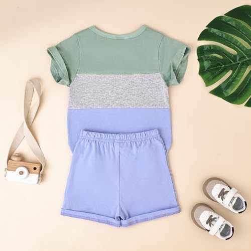 Image of Toddler Boy Clothes Baby Summer Outfit Patchwork Tee Shorts 12M-4T | Soft Patchwork Tee, Pocket Shorts With Stretch Waistband, Breathable For Summer Play, Machine Washable