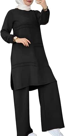 Abayas Dress for Women Muslim Long Sleeve Loose Top and Wide Leg Pants 2-Piece Set
